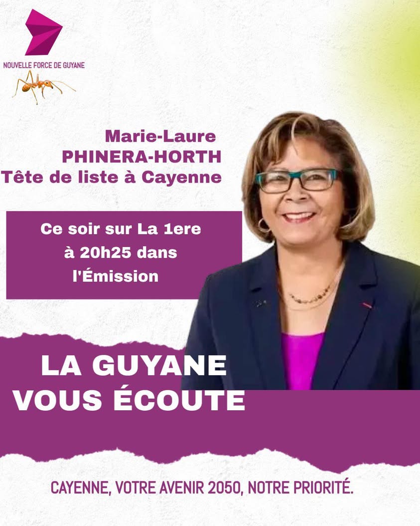 Ce soir à 20h25 sur Guyane La 1ère Retrouvez Marie-Laure Phinera-Horth, tête de liste à Cayenne, dans l’émission La Guya…